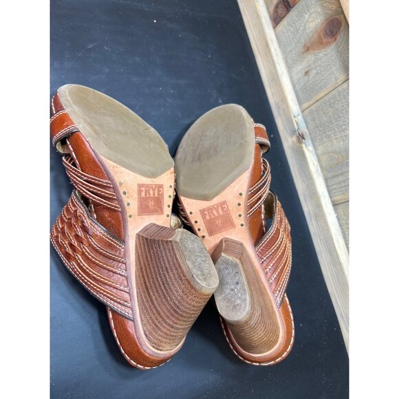 Frye Womens Brown Leather Woven Heel Sandals Size 8M Made In Brazil - Picture 6 of 7